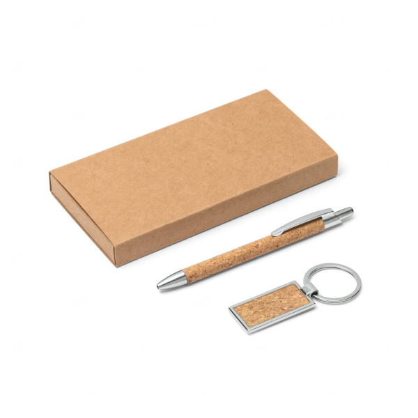 Kit com Caneta e Chaveiro em Cortiça Personalizado 