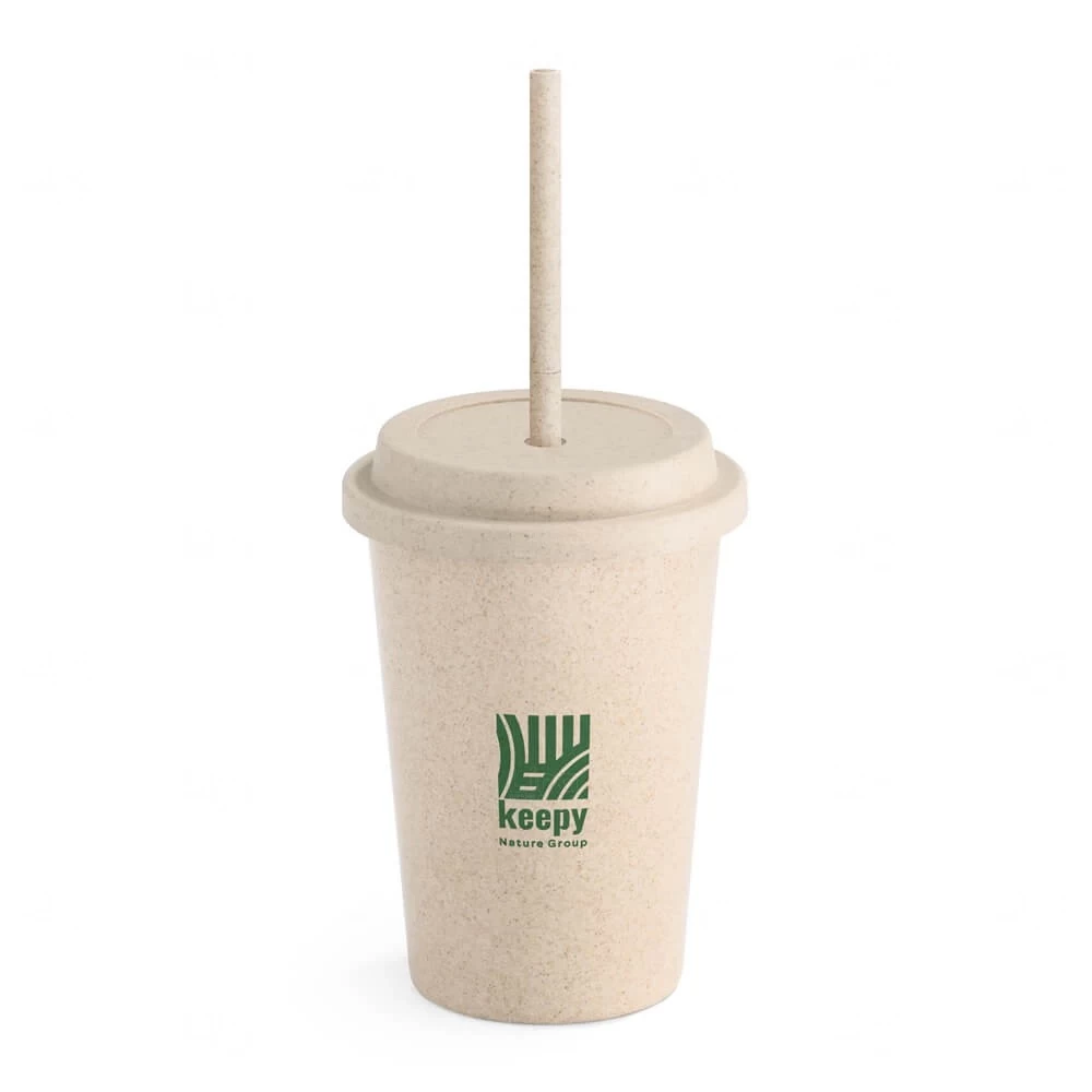 Copo em Fibra de Bambu 450ml com Tampa e Canudo Personalizado 